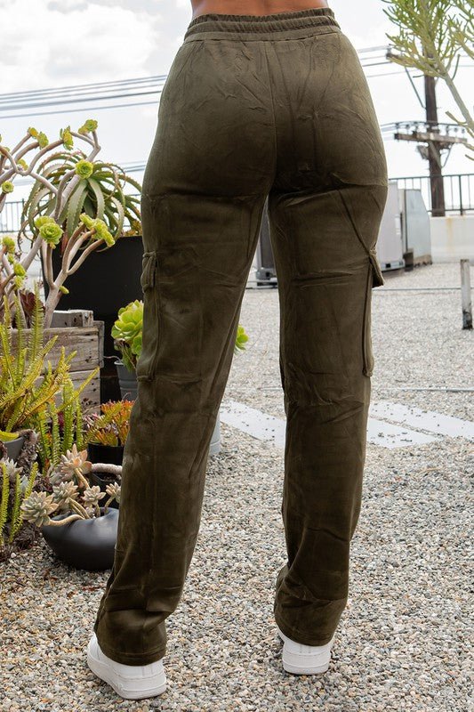 Olive Drawstring Cargo Velour Pants - STYLED BY ALX COUTUREPANTS