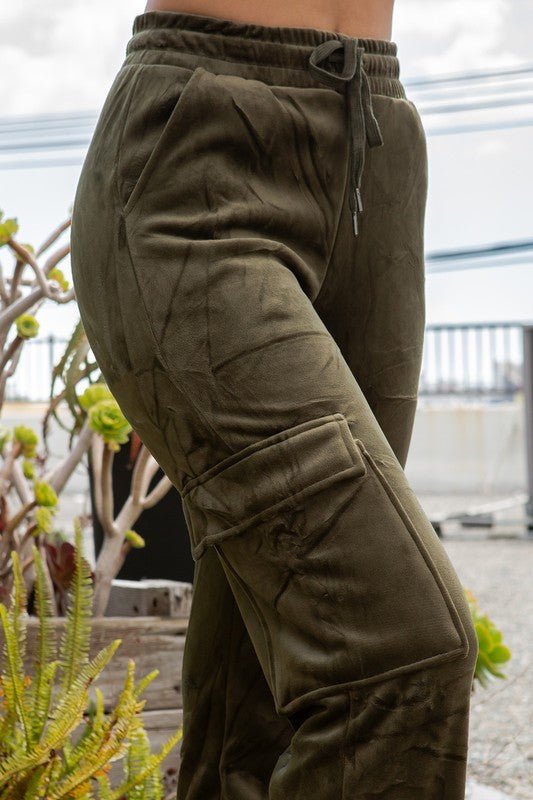 Olive Drawstring Cargo Velour Pants - STYLED BY ALX COUTUREPANTS