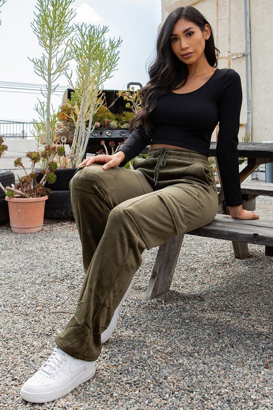 Olive Drawstring Cargo Velour Pants - STYLED BY ALX COUTUREPANTS