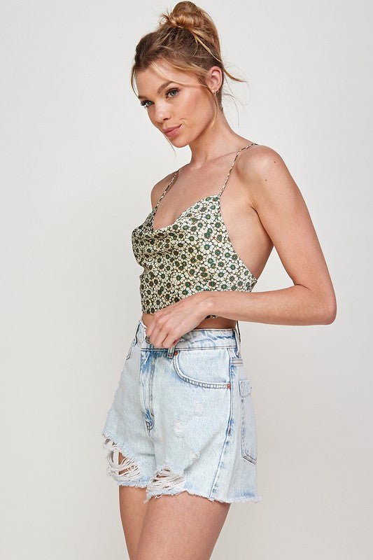 Olive Floral Satin Open Back Top - STYLED BY ALX COUTURETOPS