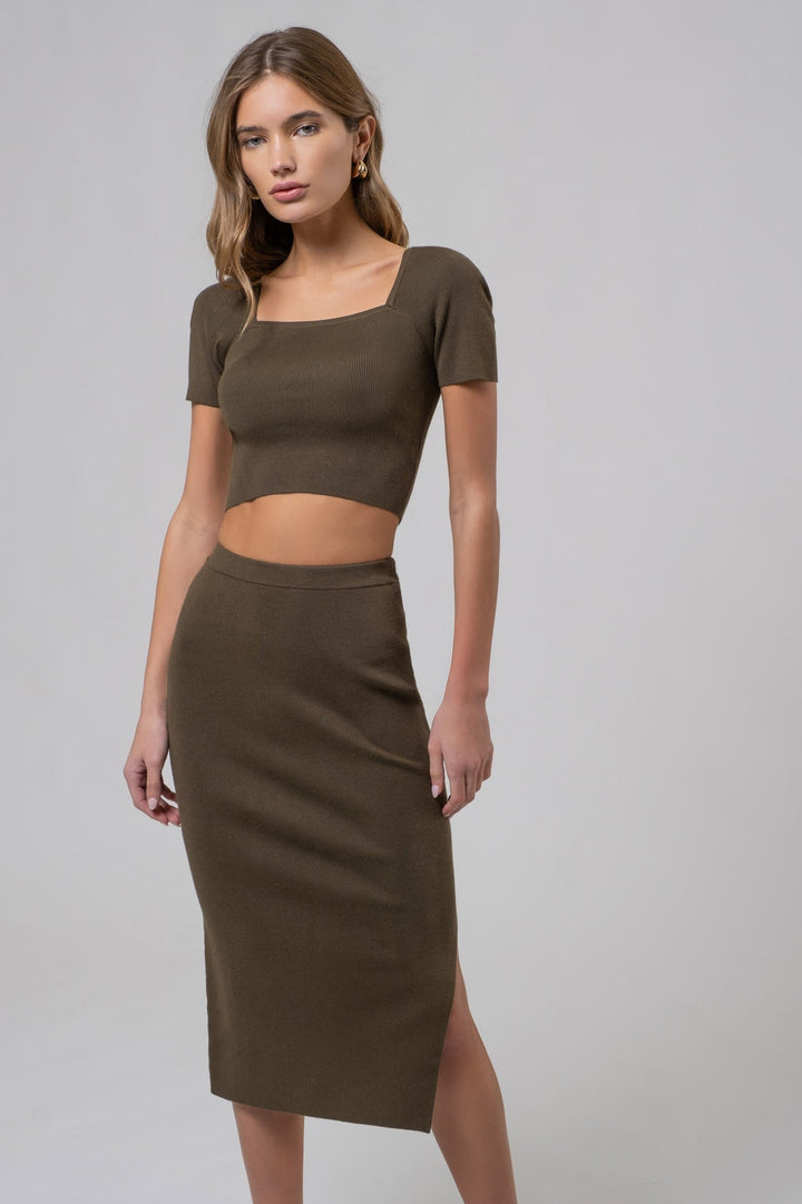 Olive High Waist Side Slit Sweater Knit Midi Skirt - STYLED BY ALX COUTURESkirts