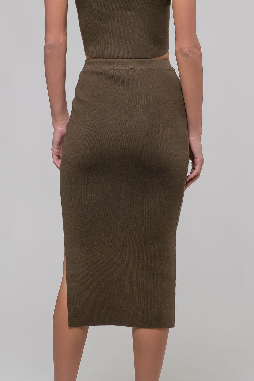 Olive High Waist Side Slit Sweater Knit Midi Skirt - STYLED BY ALX COUTURESkirts