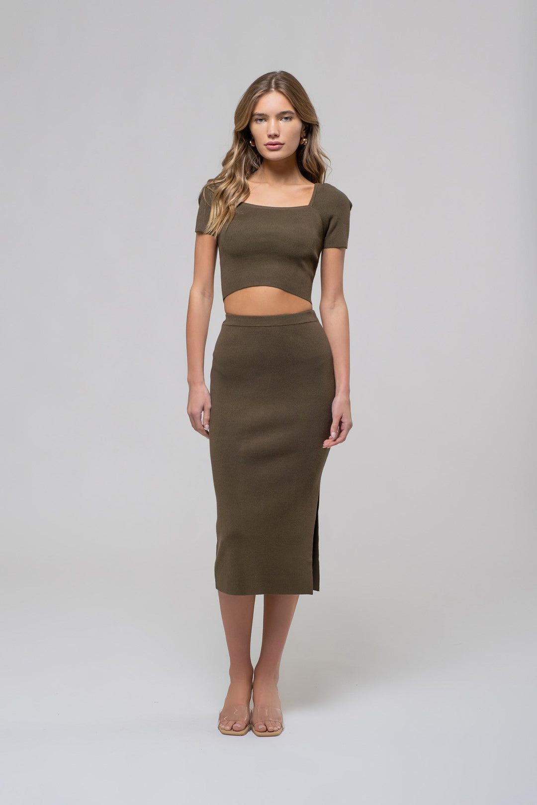 Olive High Waist Side Slit Sweater Knit Midi Skirt - STYLED BY ALX COUTURESkirts