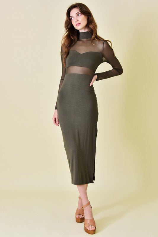 Olive Mock Neck Mesh Cutout Thigh Slit Midi Dress - STYLED BY ALX COUTUREDRESS