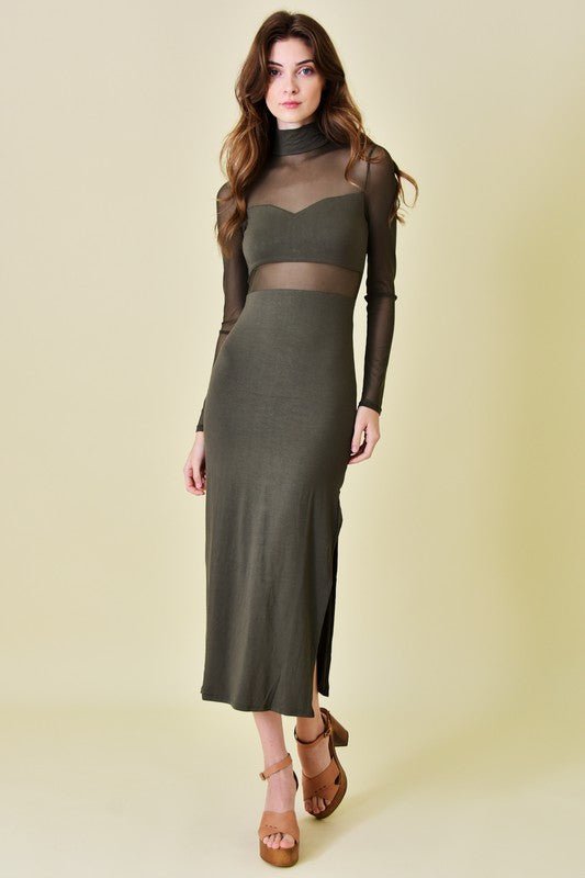 Olive Mock Neck Mesh Cutout Thigh Slit Midi Dress - STYLED BY ALX COUTUREDRESS