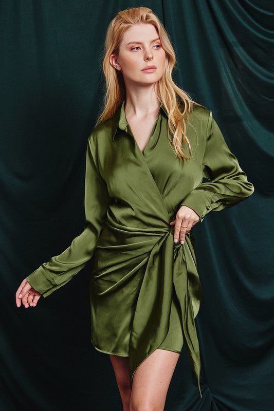 Olive Satin Shirt Wrap Dress - STYLED BY ALX COUTUREDRESS