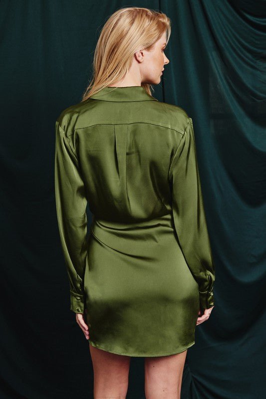 Olive Satin Shirt Wrap Dress - STYLED BY ALX COUTUREDRESS