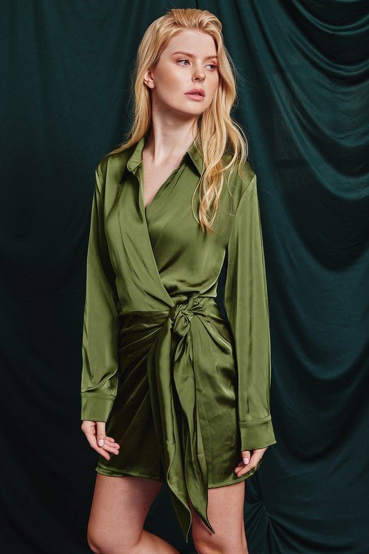 Olive Satin Shirt Wrap Dress - STYLED BY ALX COUTUREDRESS