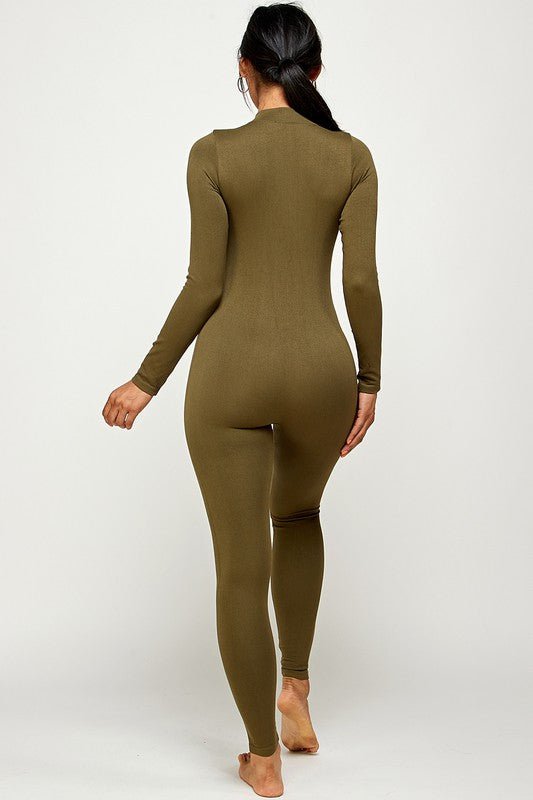 Olive Solid Zip Up Mock Neck Long Sleeve Jumpsuit - STYLED BY ALX COUTUREJumpsuits & Rompers