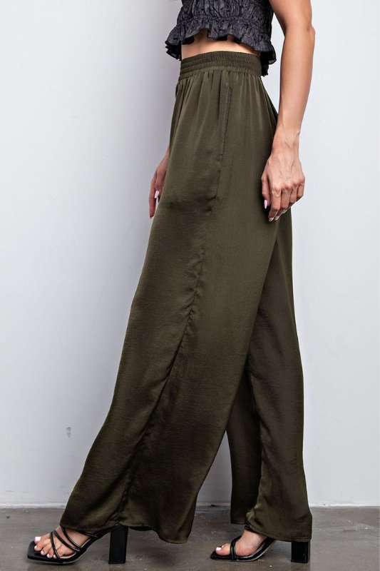 Olive Waist Elastic Wide Leg Satin Pants - STYLED BY ALX COUTUREPANTS