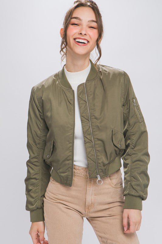 Olive Zip Up Bomber Jacket With Sleeve Zipper Detail - STYLED BY ALX COUTURECoats & Jackets