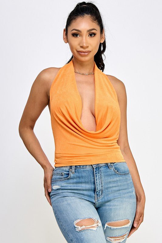 Orange Halter Deep Cowl Back Tie Top - STYLED BY ALX COUTUREShirts & Tops