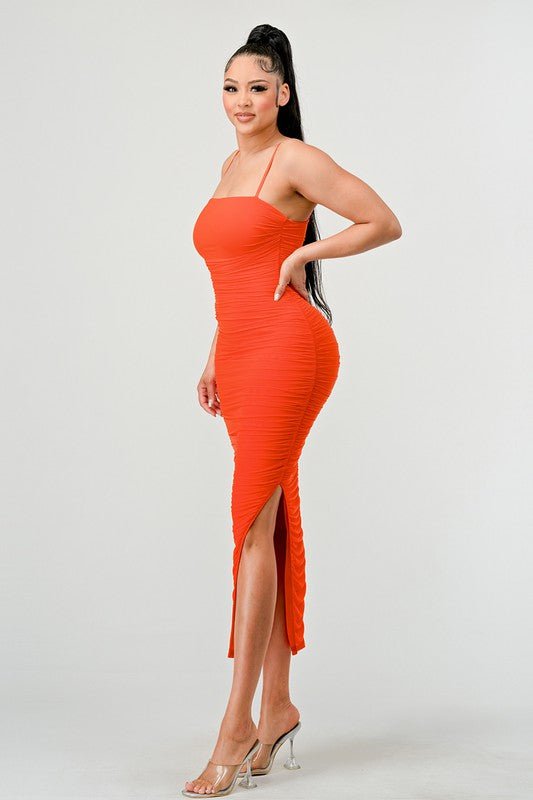 Orange Lux Ruched Mesh Layer Side Open Slitted Midi Dress - STYLED BY ALX COUTUREDRESS