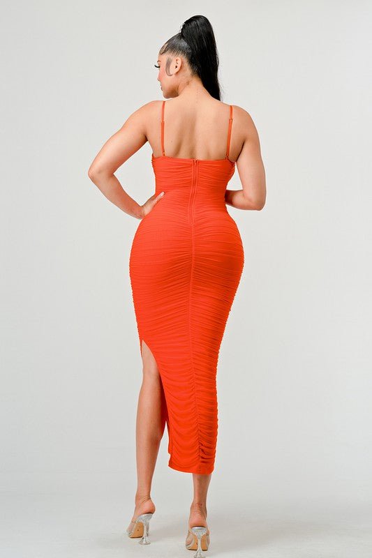 Orange Lux Ruched Mesh Layer Side Open Slitted Midi Dress - STYLED BY ALX COUTUREDRESS