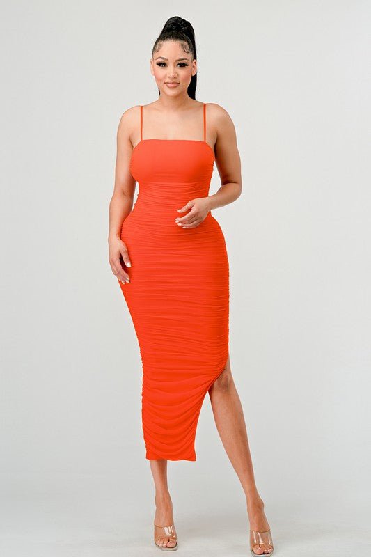 Orange Lux Ruched Mesh Layer Side Open Slitted Midi Dress - STYLED BY ALX COUTUREDRESS