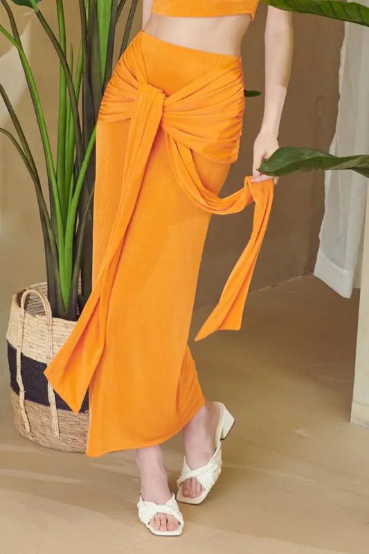 Orange Slinky Rib Knit Wrap Maxi Skirt - STYLED BY ALX COUTURELong Skirts