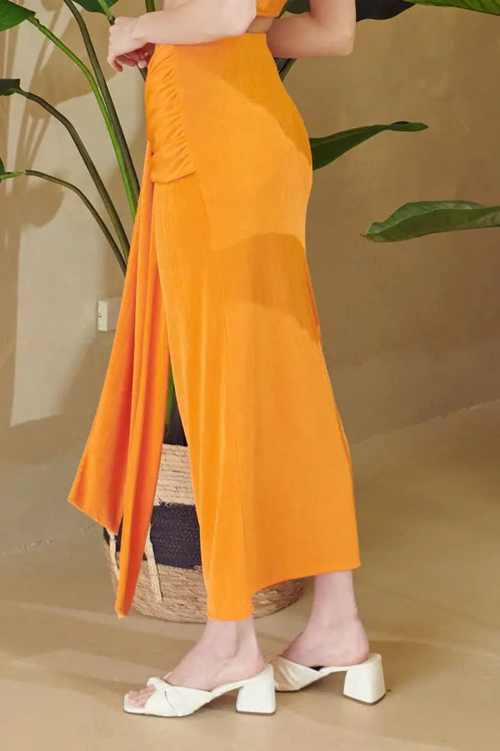 Orange Slinky Rib Knit Wrap Maxi Skirt - STYLED BY ALX COUTURELong Skirts