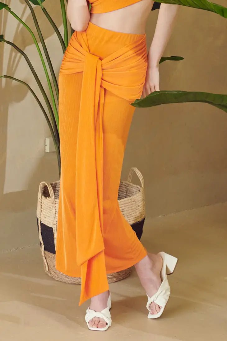 Orange Slinky Rib Knit Wrap Maxi Skirt - STYLED BY ALX COUTURELong Skirts