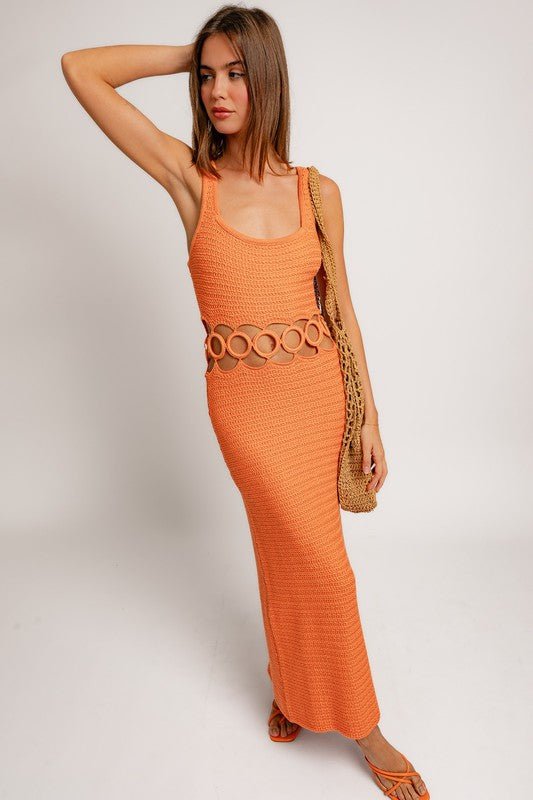 Orange Square Neck Sleeveless Crochet Midi Dress - STYLED BY ALX COUTUREDRESS