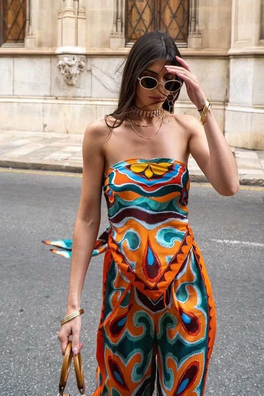 Orange Tropical Leaf Print Top and Pants Set - STYLED BY ALX COUTUREOutfit Sets