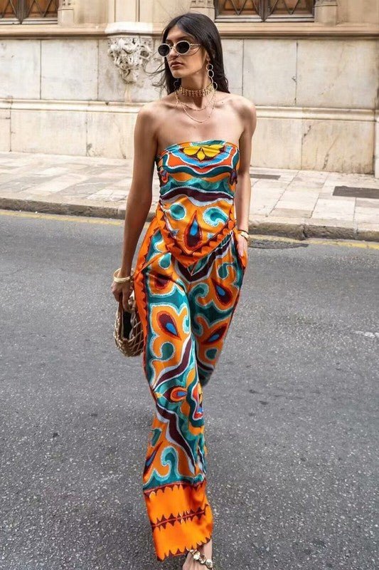 Orange Tropical Leaf Print Top and Pants Set - STYLED BY ALX COUTUREOutfit Sets