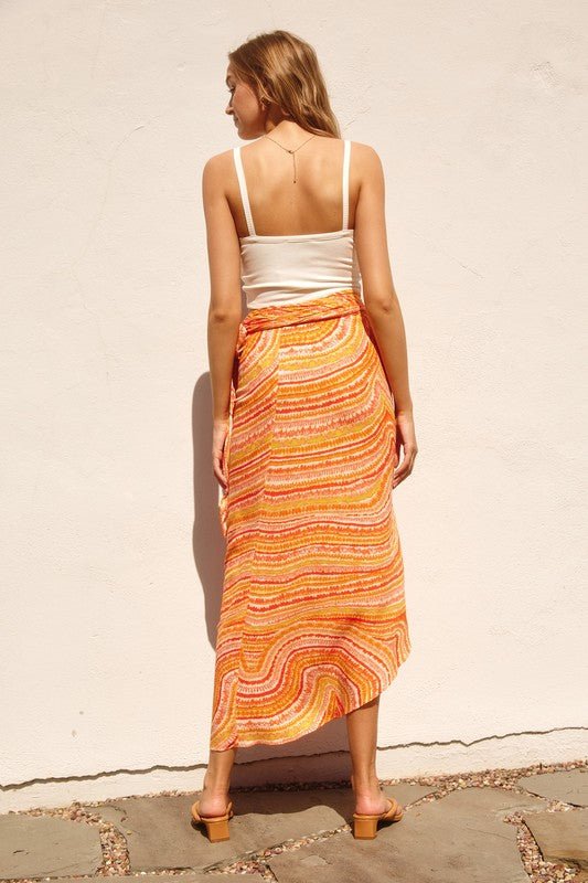 Orange Wave Tie Dye Print Vacation Sarong Maxi Skirt - STYLED BY ALX COUTURELong Skirts