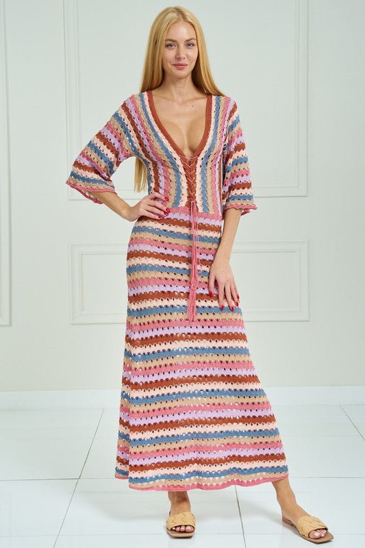 Pink Multi Crochet Striped Midi Dress - STYLED BY ALX COUTUREDRESSES