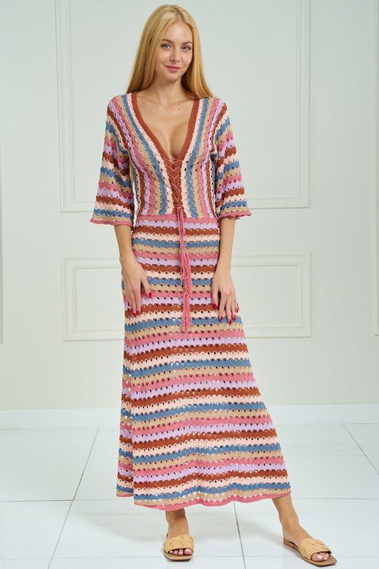 Pink Multi Crochet Striped Midi Dress - STYLED BY ALX COUTUREDRESSES