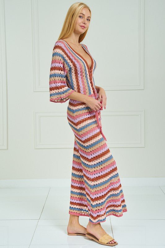 Pink Multi Crochet Striped Midi Dress - STYLED BY ALX COUTUREDRESSES