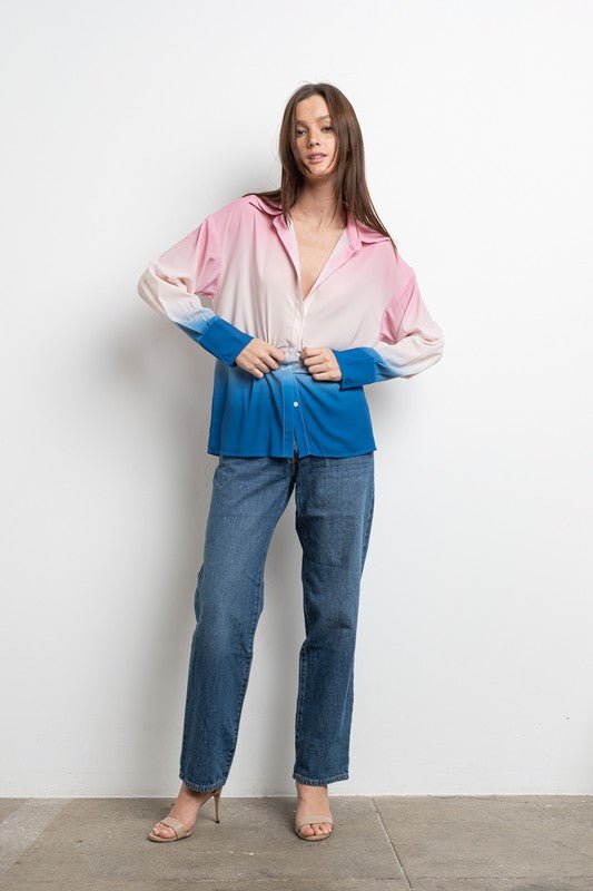Pink White Blue Ombre Satin Blouse - STYLED BY ALX COUTUREShirts & Tops