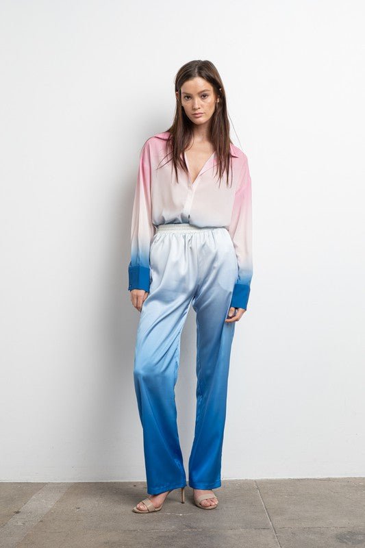 Pink White Blue Ombre Satin Blouse - STYLED BY ALX COUTUREShirts & Tops