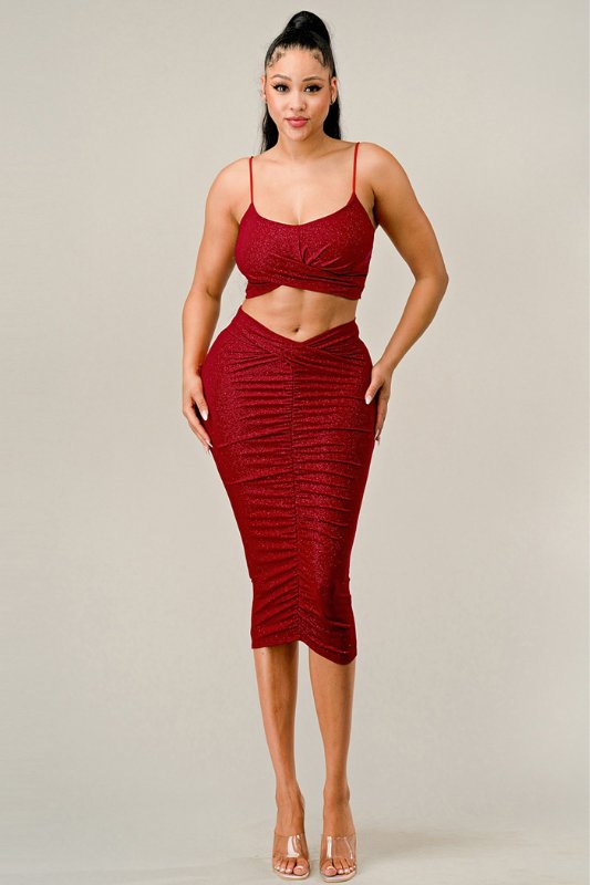 Red Glitter Twist Crop Top Midi Skirt Set - STYLED BY ALX COUTUREOutfit Sets