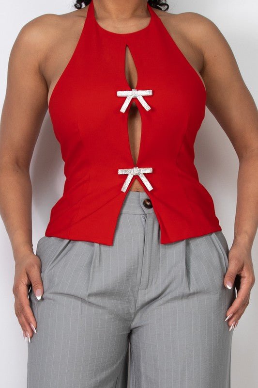 Red Halter Rhinestones Bow Open - Back Top - STYLED BY ALX COUTUREShirts & Tops