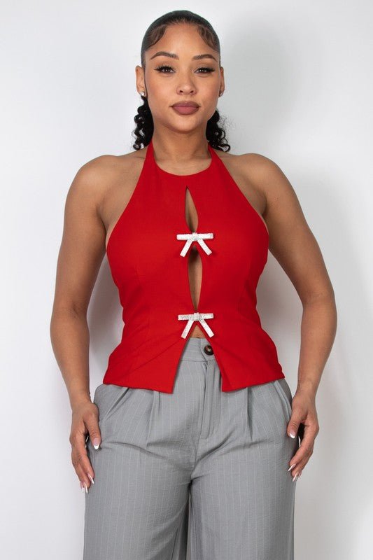 Red Halter Rhinestones Bow Open - Back Top - STYLED BY ALX COUTUREShirts & Tops