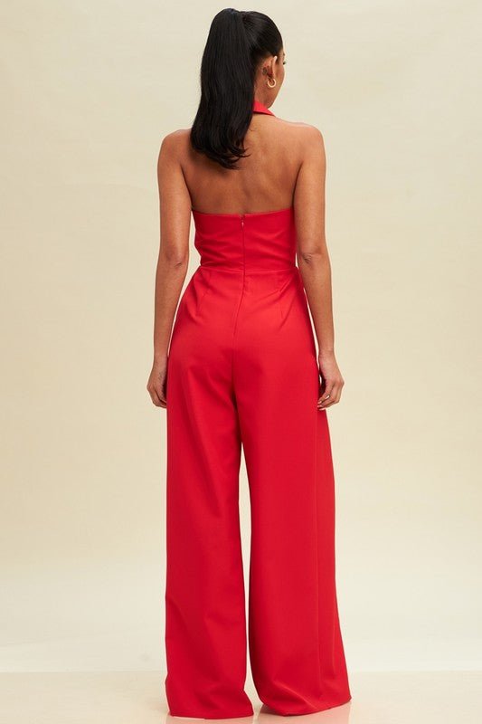 Red Halter Tie Front Split Jumpsuit - STYLED BY ALX COUTUREJumpsuits & Rompers