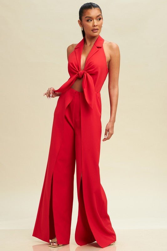 Red Halter Tie Front Split Jumpsuit - STYLED BY ALX COUTUREJumpsuits & Rompers