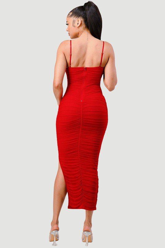 Red Lux Ruched Mesh Layer Side Open Slitted Midi Dress - STYLED BY ALX COUTUREDRESS