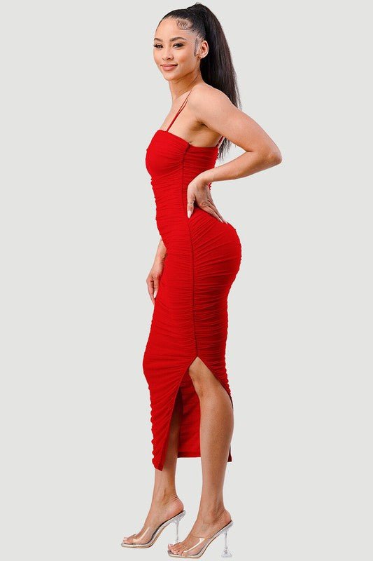 Red Lux Ruched Mesh Layer Side Open Slitted Midi Dress - STYLED BY ALX COUTUREDRESS