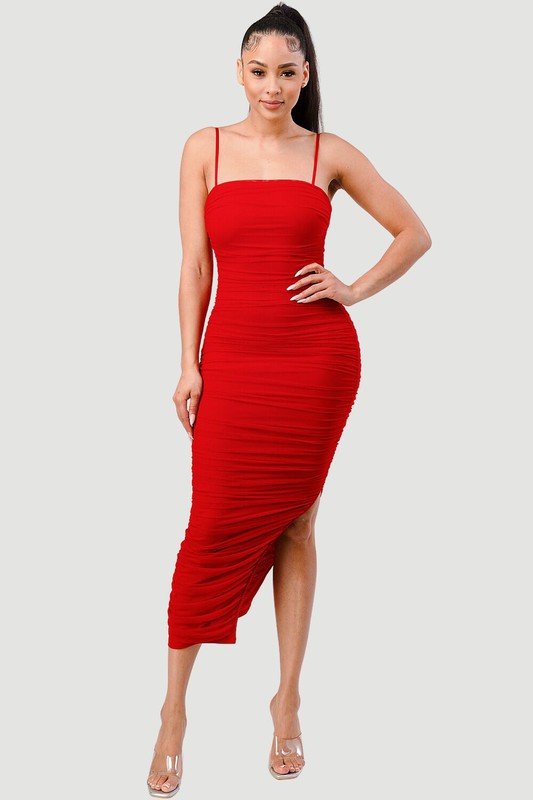 Red Lux Ruched Mesh Layer Side Open Slitted Midi Dress - STYLED BY ALX COUTUREDRESS