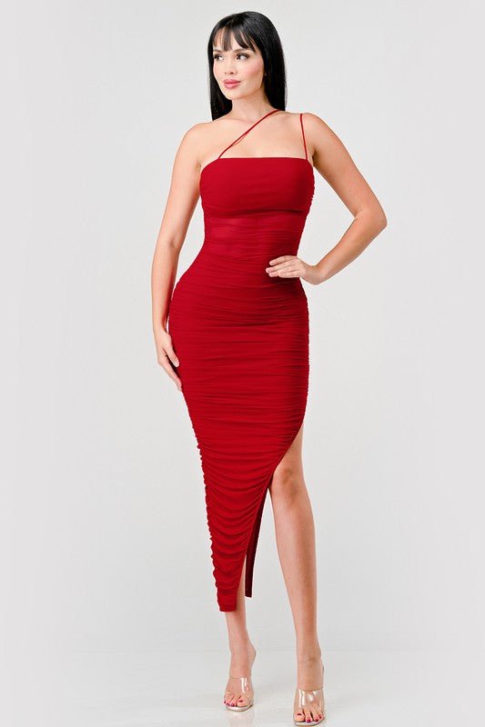 Red Luxe Mesh Asymmetrical Ruched Dress - STYLED BY ALX COUTUREDRESS