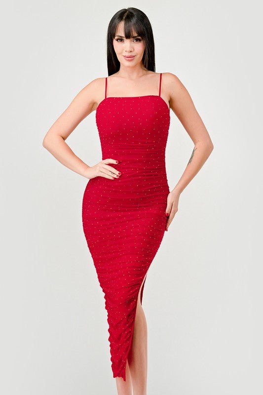 Red Luxe Rhinestone Mesh Ruched Slited Midi Dress - STYLED BY ALX COUTUREDRESS