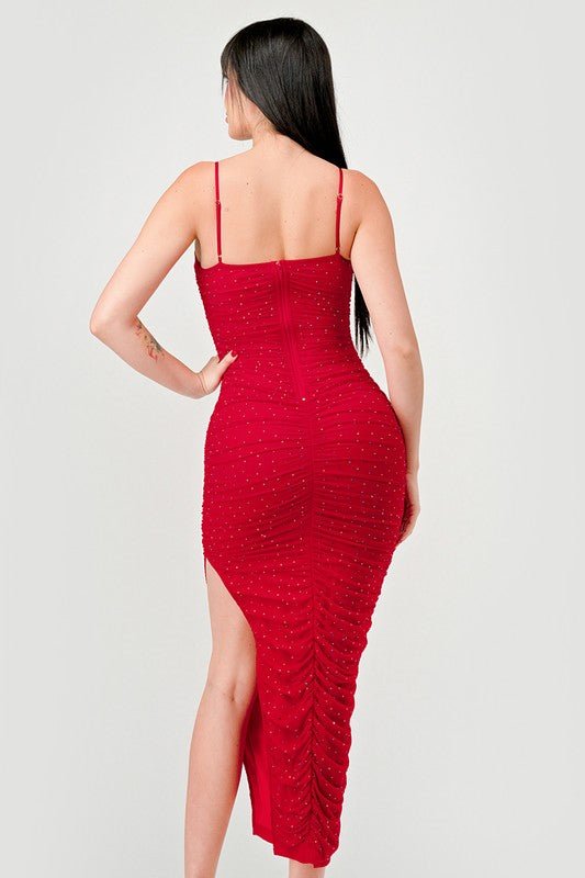 Red Luxe Rhinestone Mesh Ruched Slited Midi Dress - STYLED BY ALX COUTUREDRESS