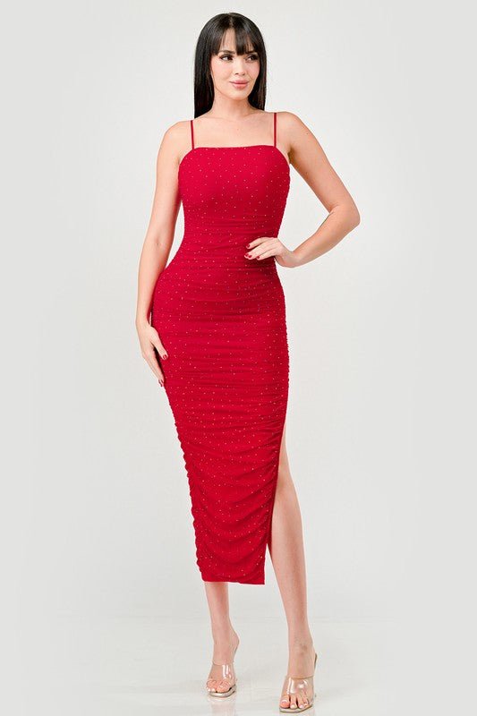 Red Luxe Rhinestone Mesh Ruched Slited Midi Dress - STYLED BY ALX COUTUREDRESS