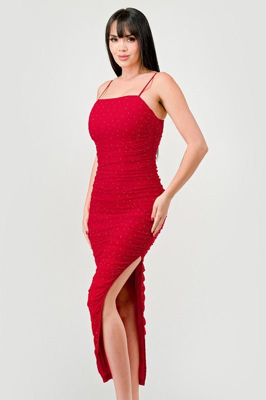Red Luxe Rhinestone Mesh Ruched Slited Midi Dress - STYLED BY ALX COUTUREDRESS