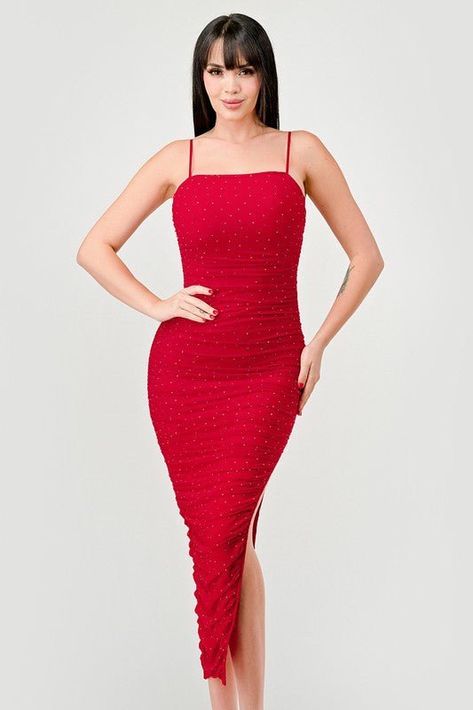 Red Mesh Rhinestone Midi Dress - STYLED BY ALX COUTUREDRESS