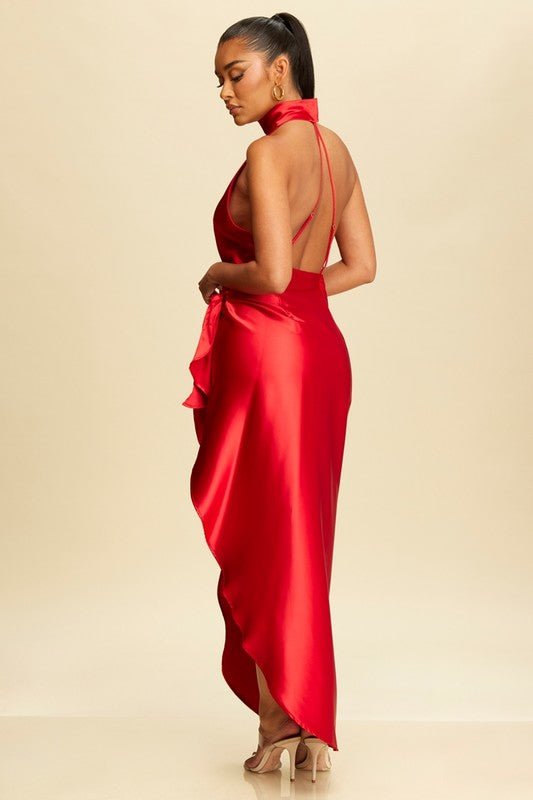 Red Mock Neck Wrap Skirt Dress - STYLED BY ALX COUTUREDresses