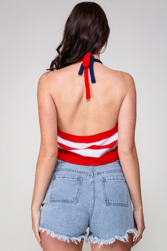 Red Navy USA Sweater Halter Crop Top - STYLED BY ALX COUTUREShirts & Tops