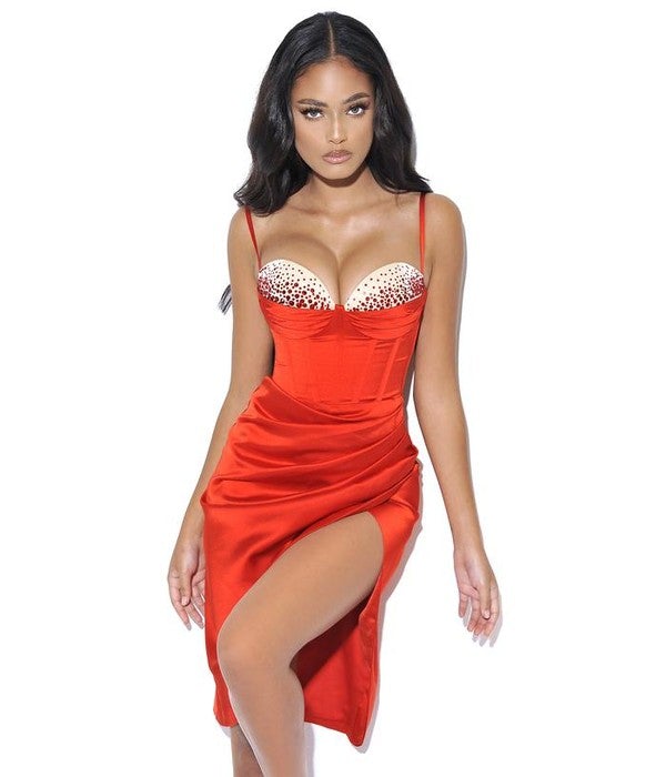 Red Satin Corset Dress with Crystals - STYLED BY ALX COUTUREDresses