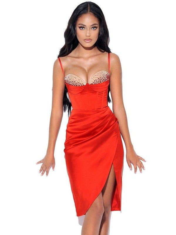 Red Satin Corset Dress with Crystals - STYLED BY ALX COUTUREDresses