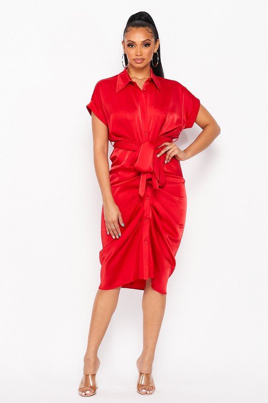 Red Satin Waist Tie Midi Dress - STYLED BY ALX COUTUREDRESS